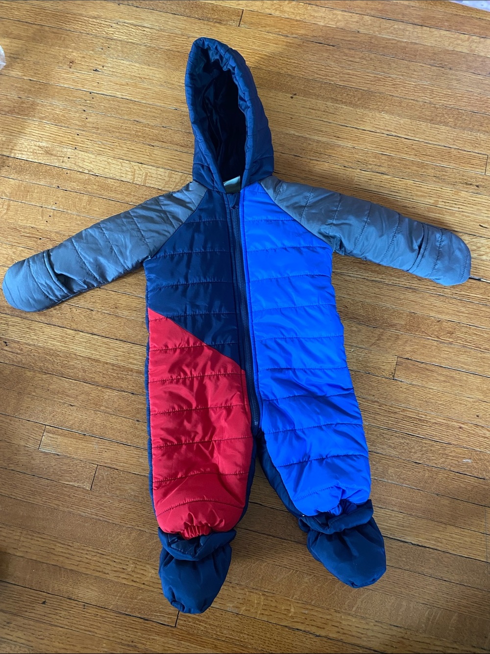 First Impressions Colorblock Puffer Snowsuit in Blue, Red, Gray